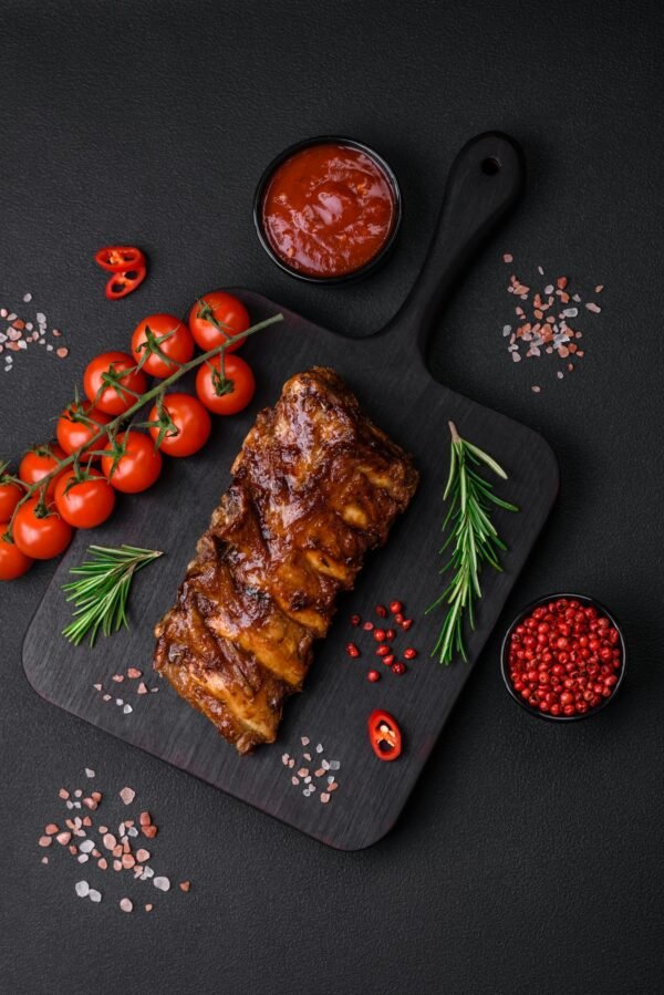 Delicious grilled pork loin ribs with sauce, spices and herbs