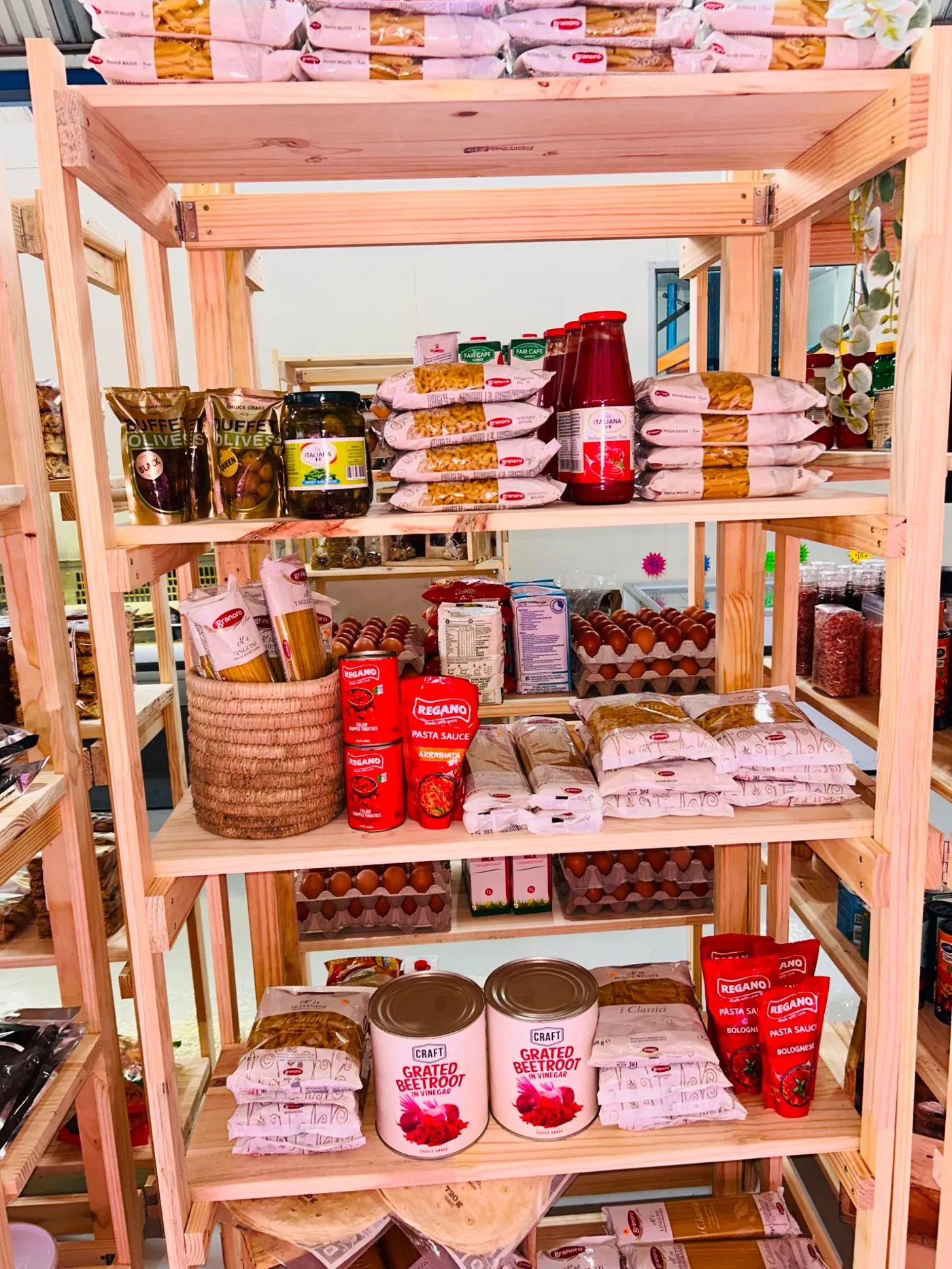 A Fresh Look at NamDeli – Same Favourites, More to Discover 6 NamDeli pantry shelves with pasta, sauces, eggs and everyday deli essentials