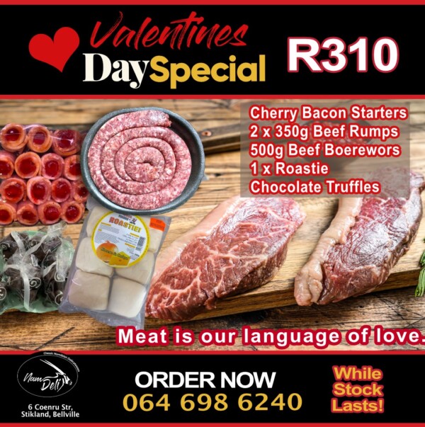Don't settle for a crowded restaurant when you can turn up the heat at home with a romantic braai?🔥☀️ This Friday’s weather is perfect for a summer barbecue, and we’ve got the ultimate 💘 Valentine’s Braai Combo – Because Meat is Our Language of Love!🥓 Cherry Bacon Starters – A sweet & savoury delight to kick things off!
🥩 2 x 350g Beef Rumps – Because a perfect steak = true love.
😋 500g Beef Boerewors – For that classic, mouthwatering braai flavour.
🍞 1 x Roasties – No braai is complete without a golden, cheesy toastie!
🍫 Homemade Chocolate Truffles – A little indulgence to sweeten the night.

🔥 BONUS: Spend R500 or more in-store on Valentine’s Day, pop a balloon at the till, and win a mystery prize! 🎈🎁

📱 Order now: 064 698 6240
📍 Visit us: 6 Coenru St, Stikland, Bellville

ClassicNamdeli ValentinesBraai MeatIsLove BraaiForTwo BBQLove ValentinesSpecial SummerBraai brackenfelmoms valentinesdinnerideas